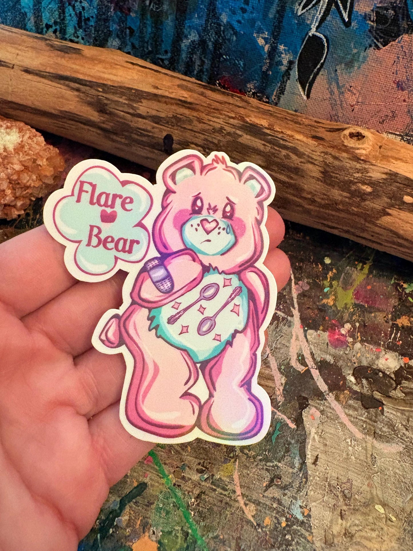 Hand Drawn Flare Bear Sticker: Pink Holographic Sticker