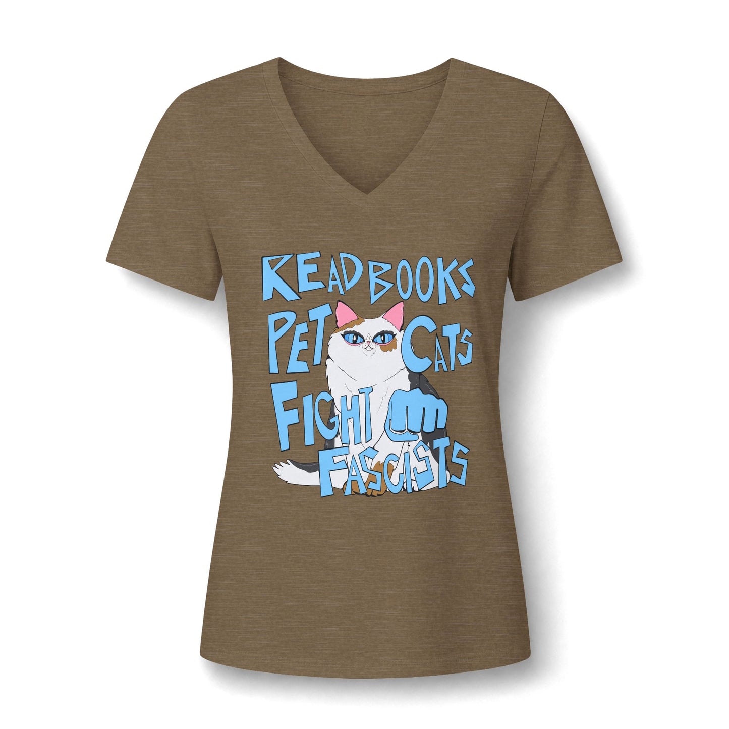 Read Books Pet Cats Fight Fascists Cat - Women's Relaxed Heather V-Neck Tee