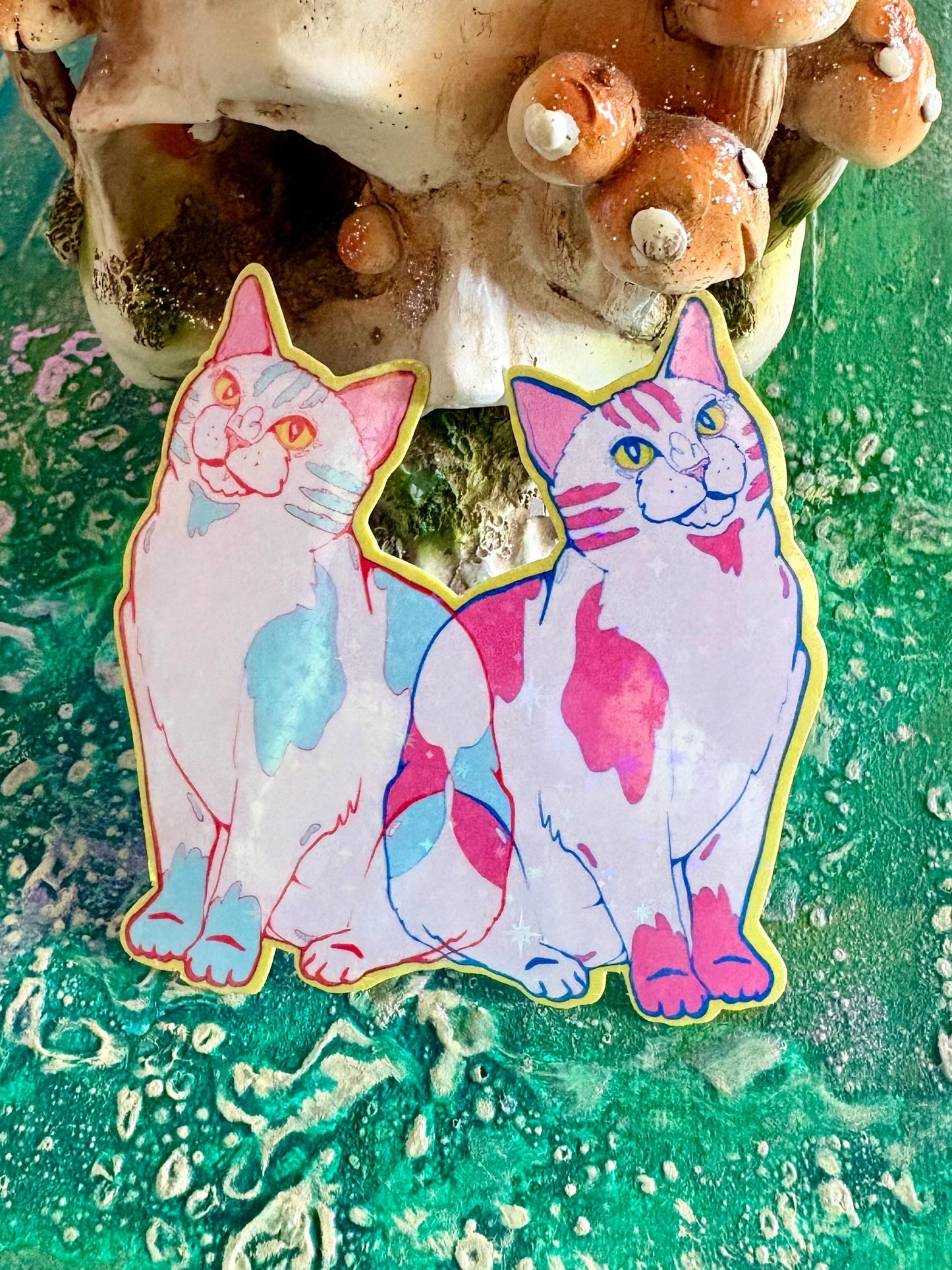 Handmade Sparkly Cat Twins Sticker: Hand Drawn Cat Decal