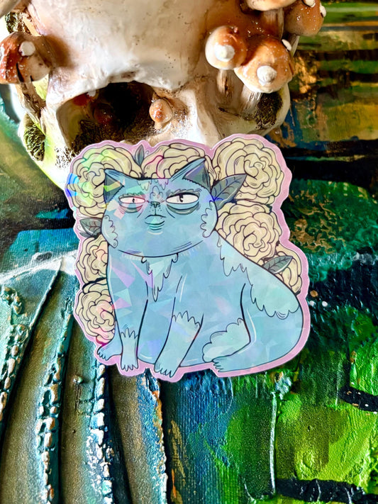 Handmade Holographic Cat Sticker: Hand Drawn Floral Cat Decal