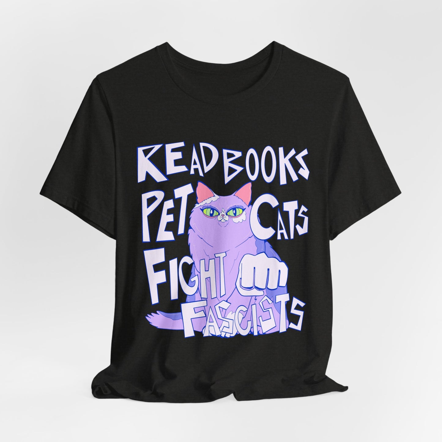 Read Books Pet Cats Fight Fascists Purple Cat Tee Unisex Jersey Short Sleeve Tee