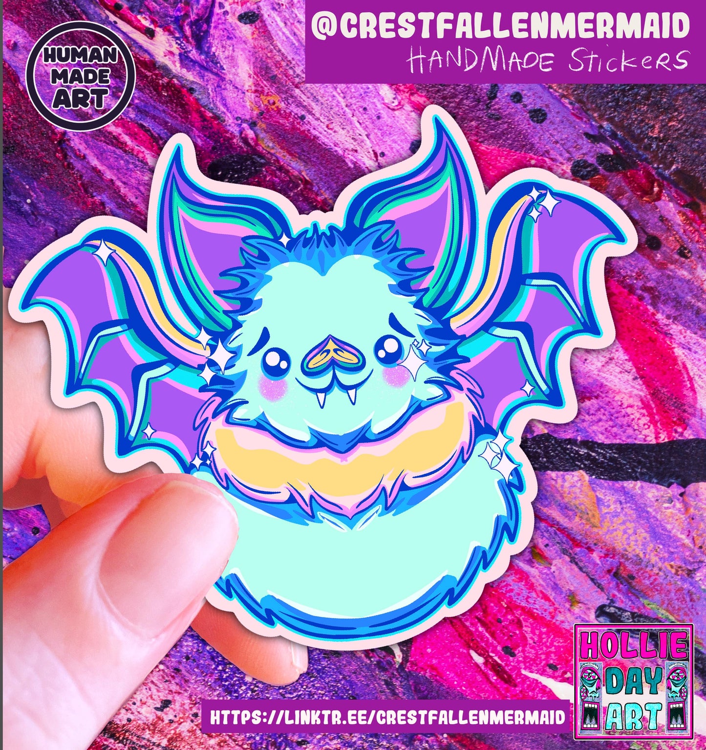 Hand Drawn Lisa Frankie Light Blue Bat Sticker: Handmade Sparkly Rainbow Halloween Sticker | Hollie Day Artist