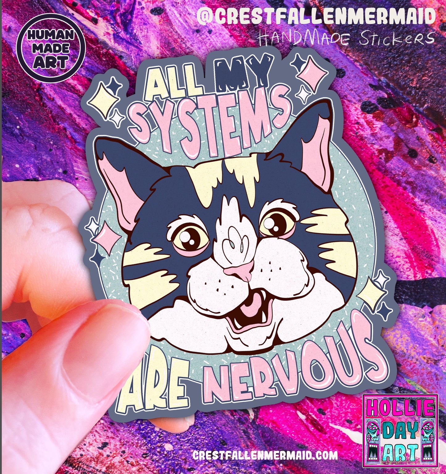 Handmade All My Systems Are Nervous Cat Sticker