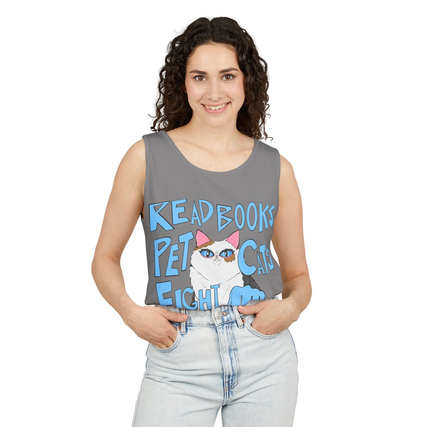 Read Books Pet Cats Fight Fascists Cat Art - Unisex Garment-Dyed Tank Top