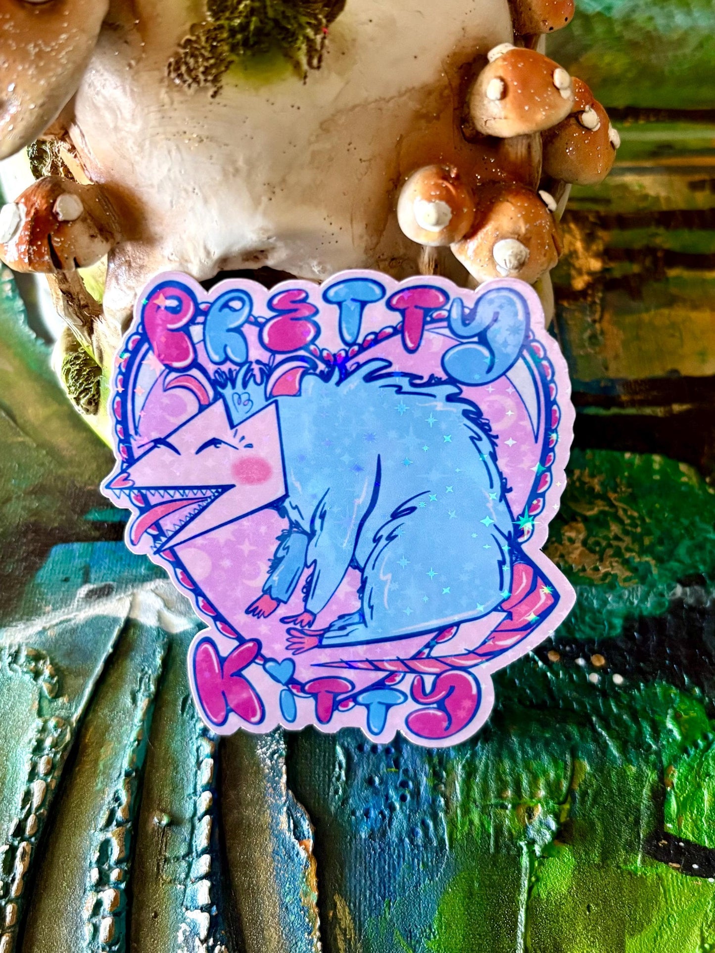 Handmade Pretty Kitty Possum Sticker: Holographic Hand-Drawn Animal Art | Hollie Day Artist