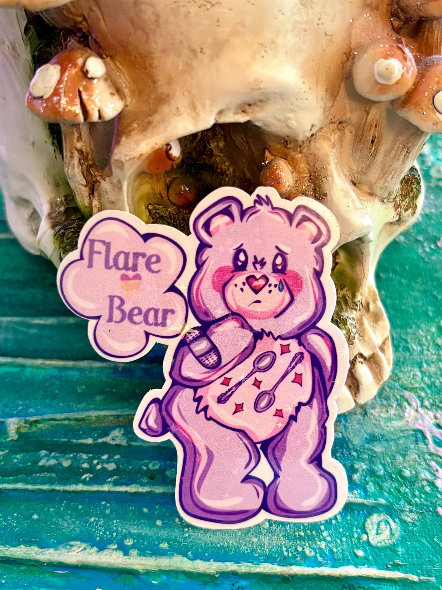 Handmade Sparkly Flare Bear Sticker: Handmade Holographic Vinyl Decal