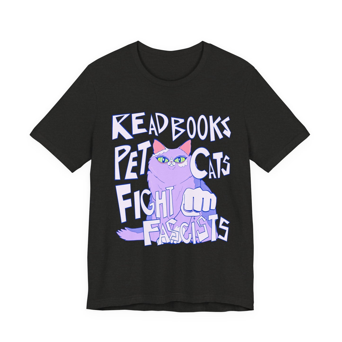 Read Books Pet Cats Fight Fascists Purple Cat Tee Unisex Jersey Short Sleeve Tee