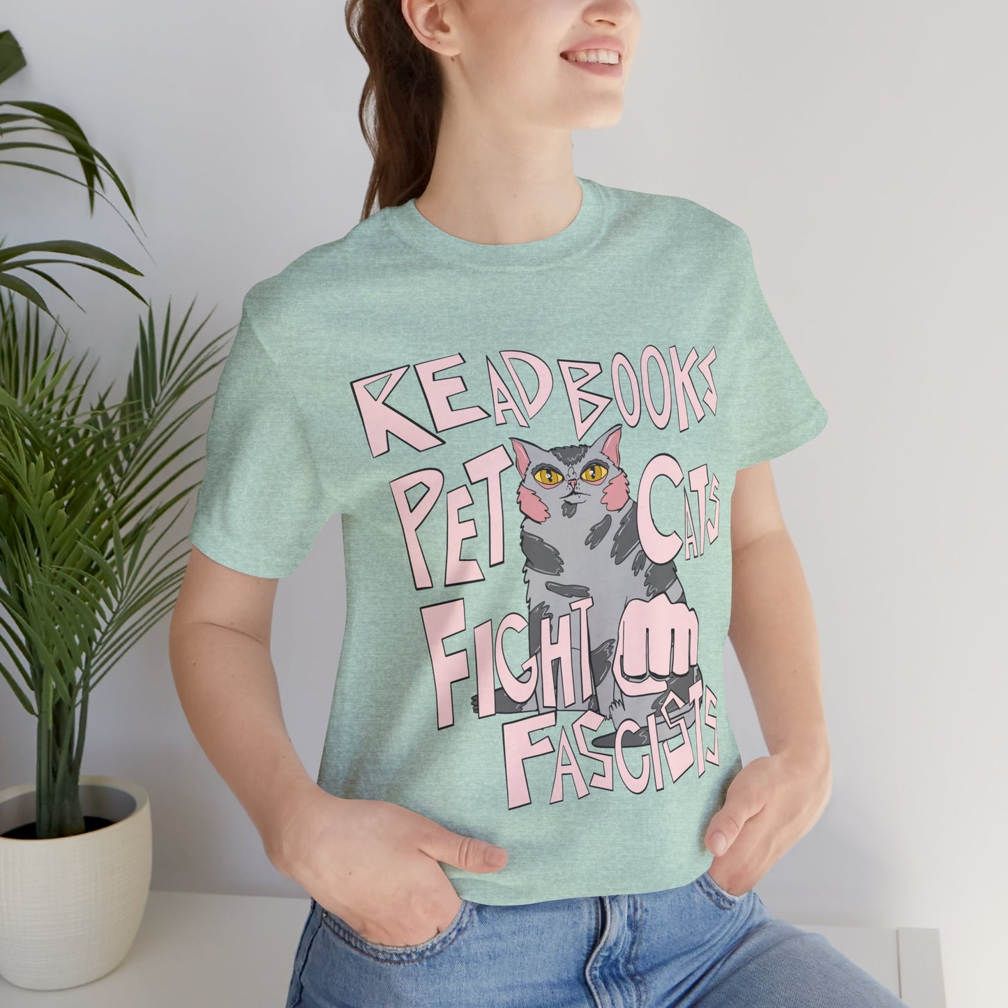 Read Books Pet Cats Fight Fascists- Grey Tabby Cat Unisex Jersey Short Sleeve Tee