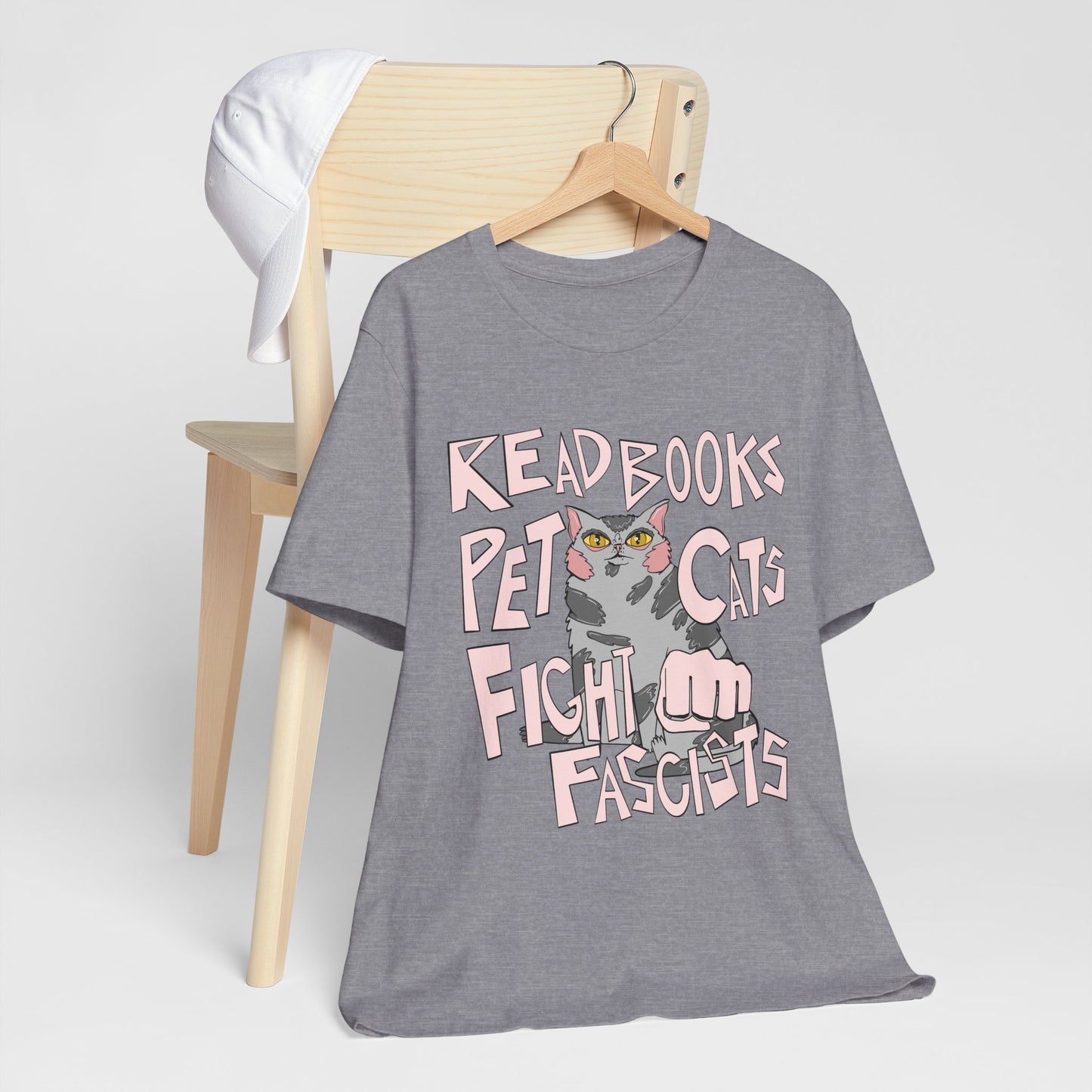 Read Books Pet Cats Fight Fascists- Grey Tabby Cat Unisex Jersey Short Sleeve Tee