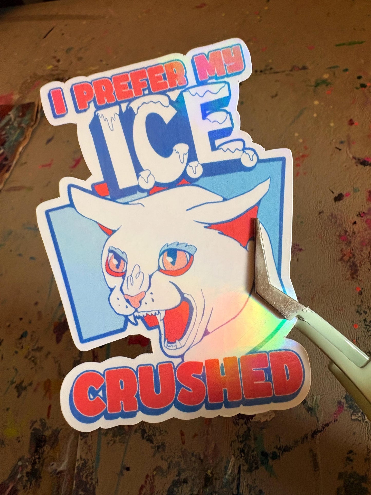 Handmade Abolish ICE Sticker: Hand-Drawn Holographic Vinyl | Anti Fascism Sticker | I Prefer My Ice Crushed Cat Sticker | Hollie Day Artist