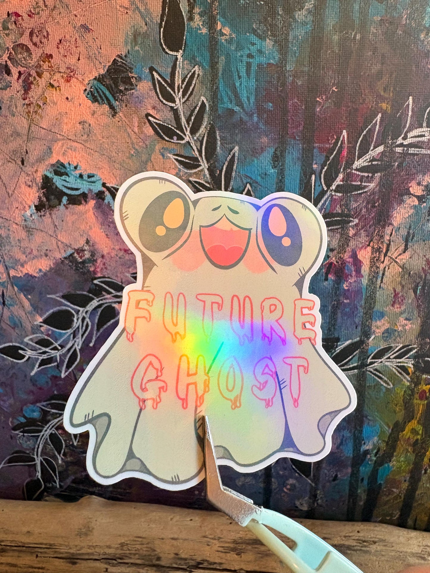 Hand Drawn Ghost Sticker - Holographic Frog Sticker: Handmade Spooky Art