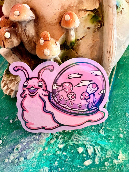 Handmade Pink Mushroom Snail Sticker: Handmade Holographic Cottagecore Decal