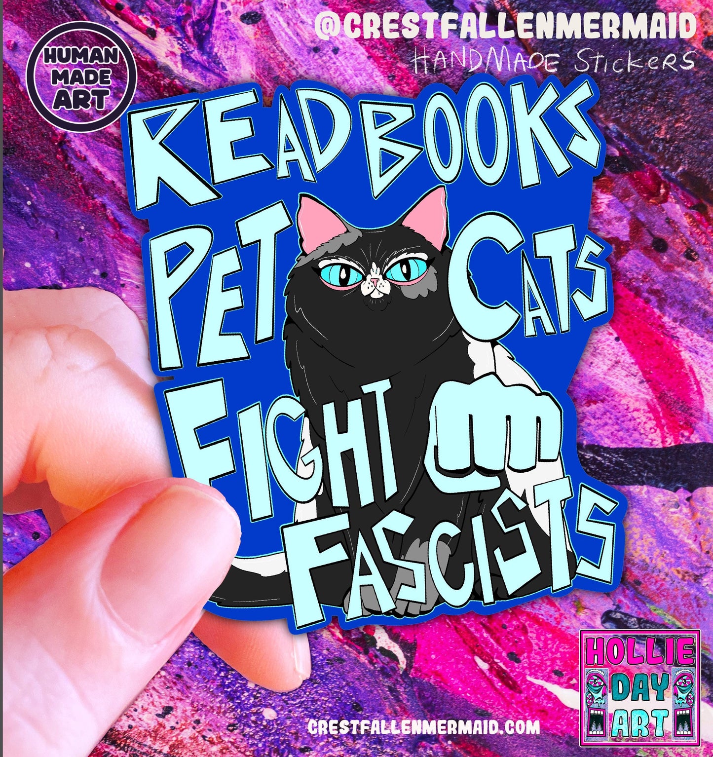 Handmade Sparkly Black Cat Sticker: Read Books, Pet Cats, Fight Fascists - Hand Drawn Political Art