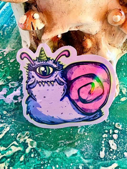 Handmade Sparkly Purple Monster Snail Sticker: Hand Drawn Halloween Stickers- Holographic Decal