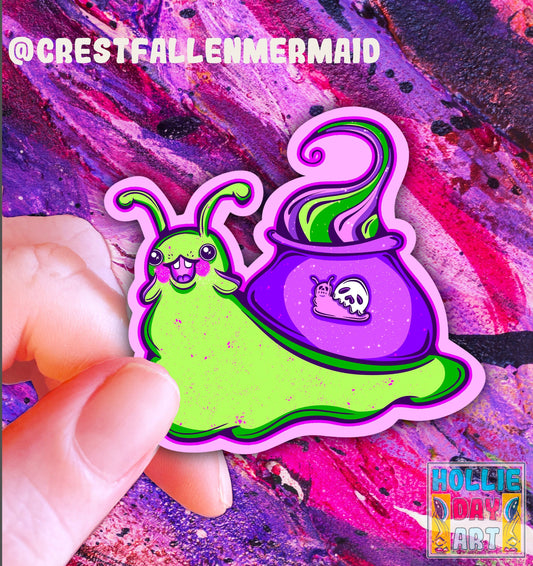 Handmade Witch Snail Sticker: Spooky Holographic Vinyl Decal