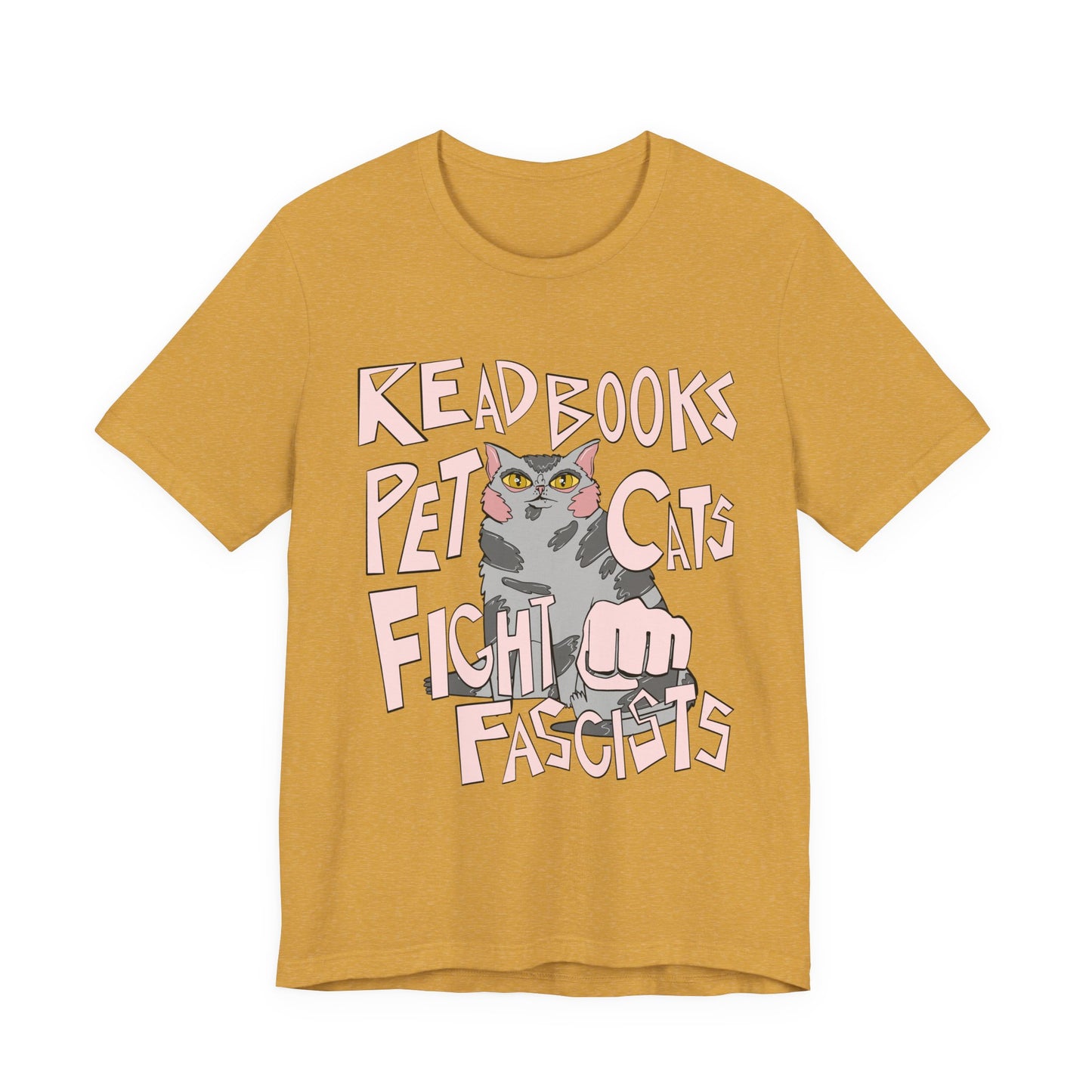 Read Books Pet Cats Fight Fascists- Grey Tabby Cat Unisex Jersey Short Sleeve Tee