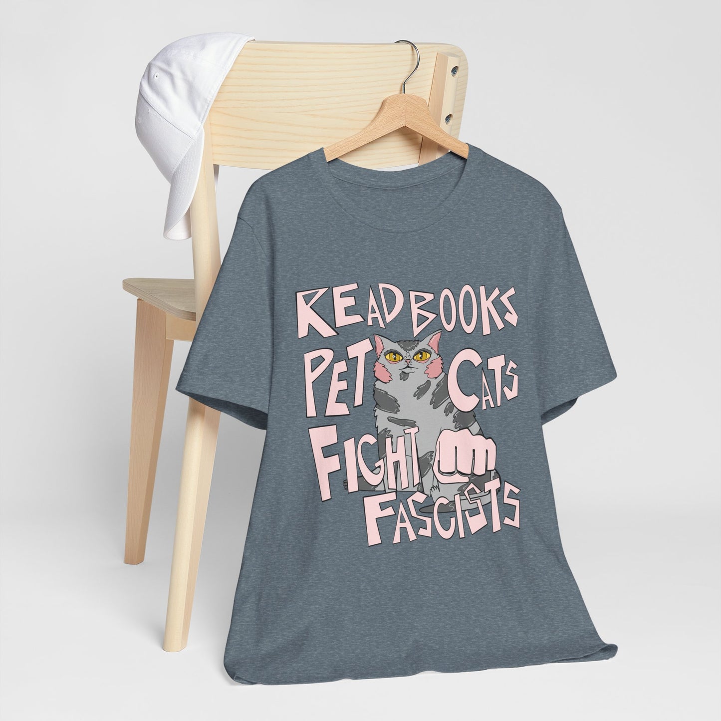 Read Books Pet Cats Fight Fascists- Grey Tabby Cat Unisex Jersey Short Sleeve Tee