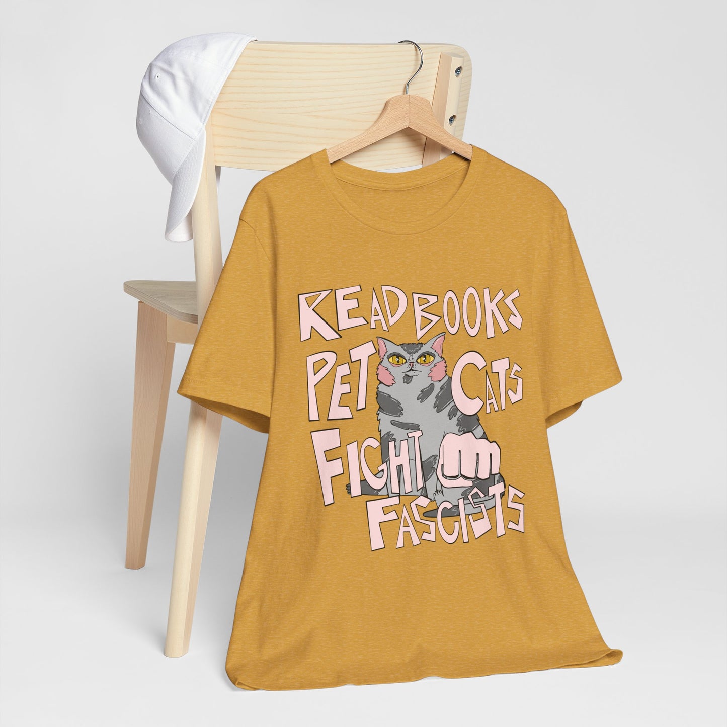 Read Books Pet Cats Fight Fascists- Grey Tabby Cat Unisex Jersey Short Sleeve Tee