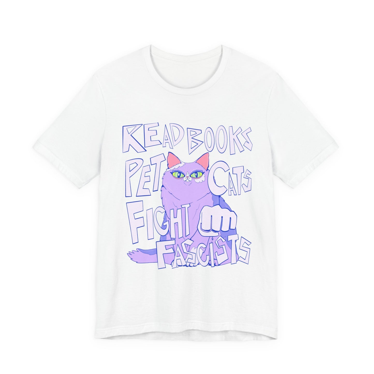 Read Books Pet Cats Fight Fascists Purple Cat Tee Unisex Jersey Short Sleeve Tee