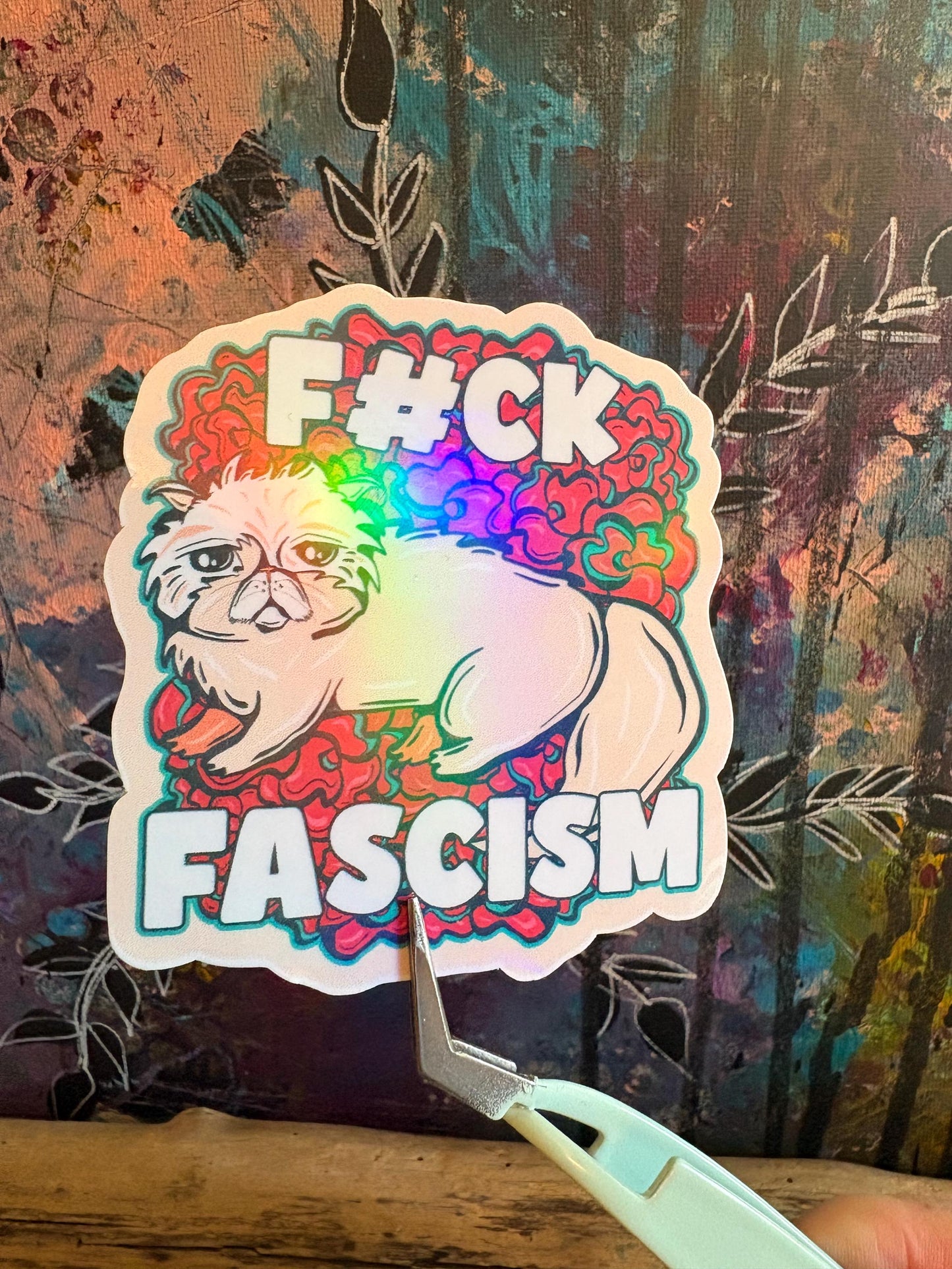 F#ck Fascism Cat Holographic Sticker - Anti-Fascist Political Art