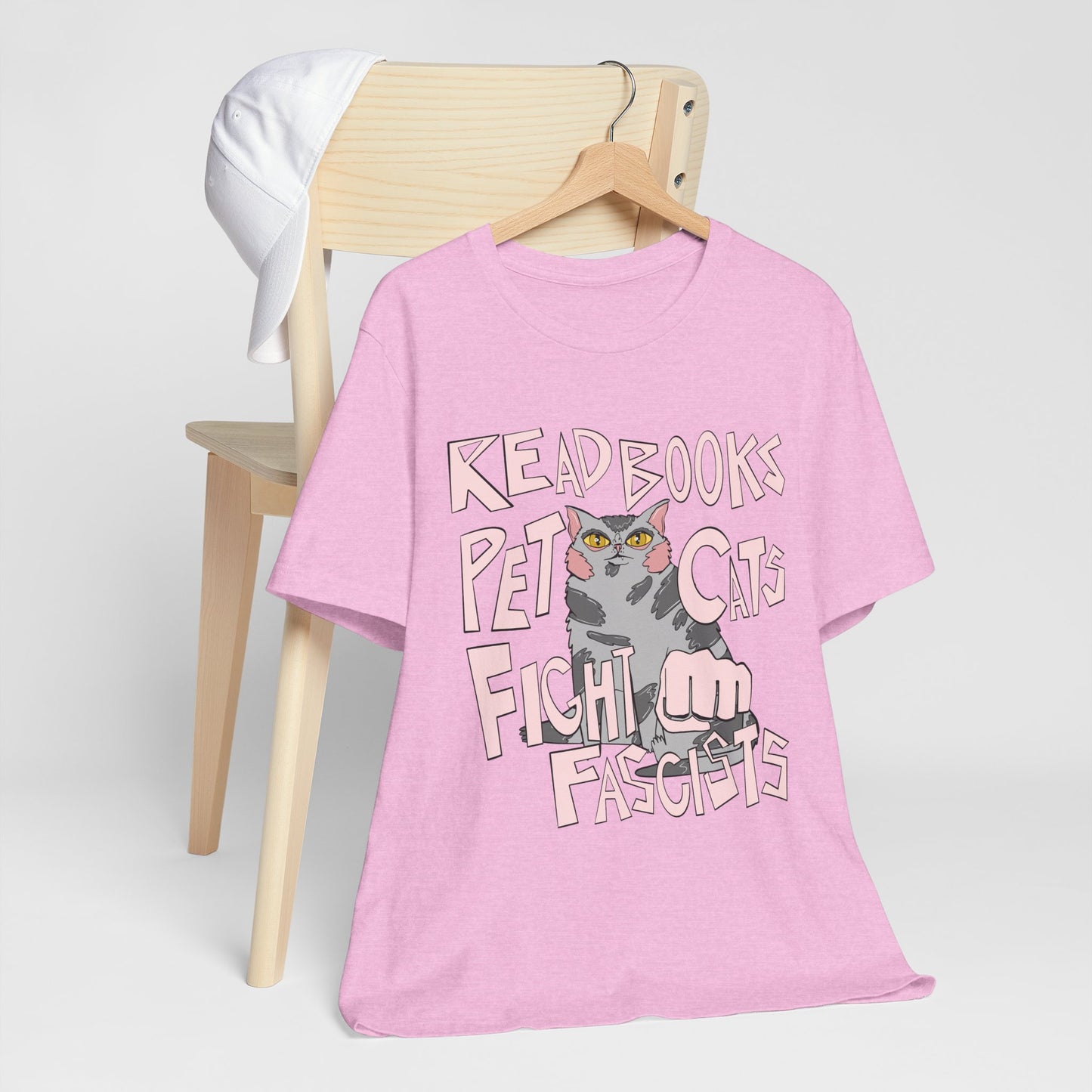 Read Books Pet Cats Fight Fascists- Grey Tabby Cat Unisex Jersey Short Sleeve Tee