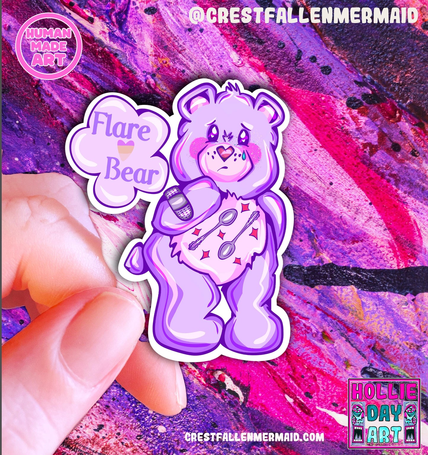 Handmade Sparkly Flare Bear Sticker: Handmade Holographic Vinyl Decal