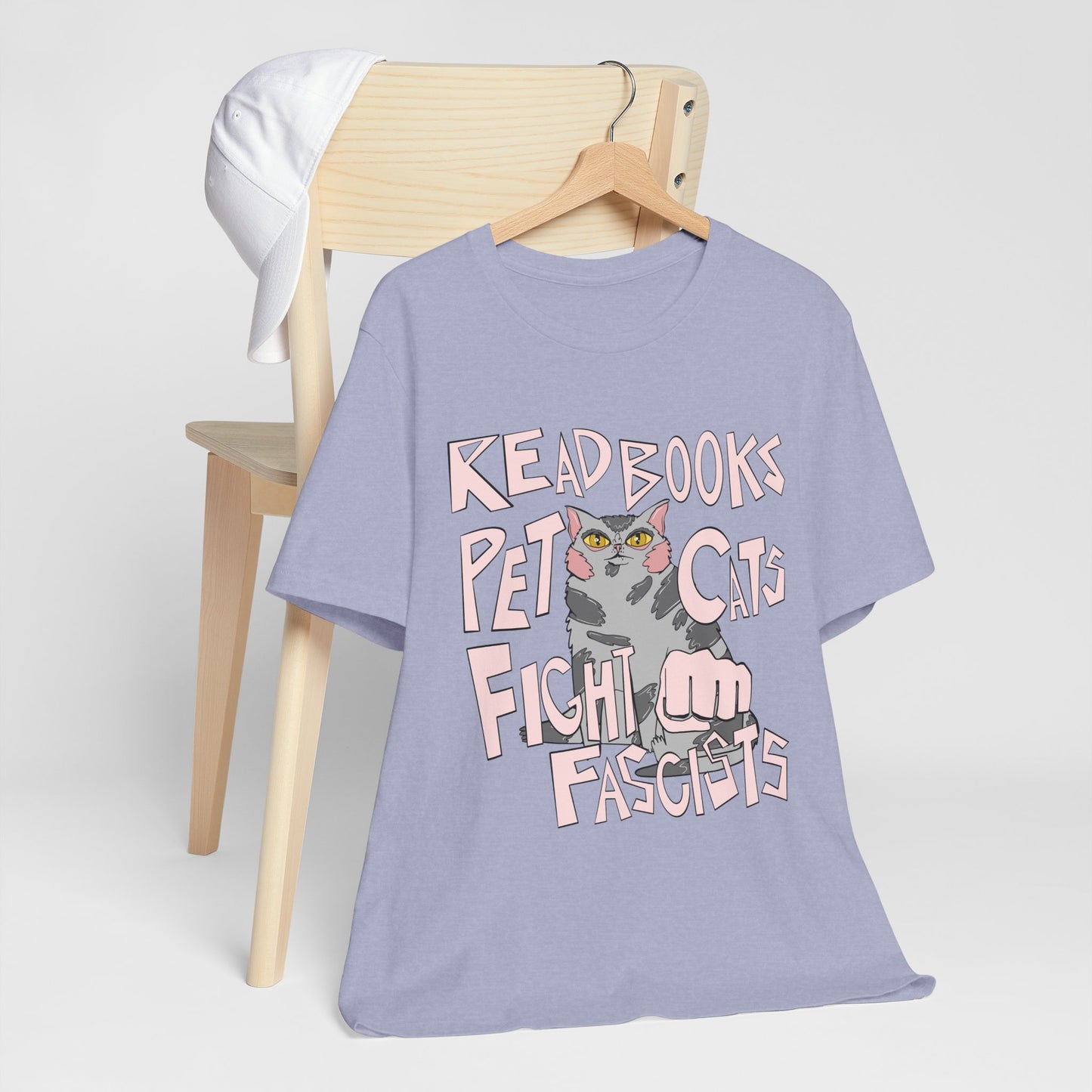 Read Books Pet Cats Fight Fascists- Grey Tabby Cat Unisex Jersey Short Sleeve Tee