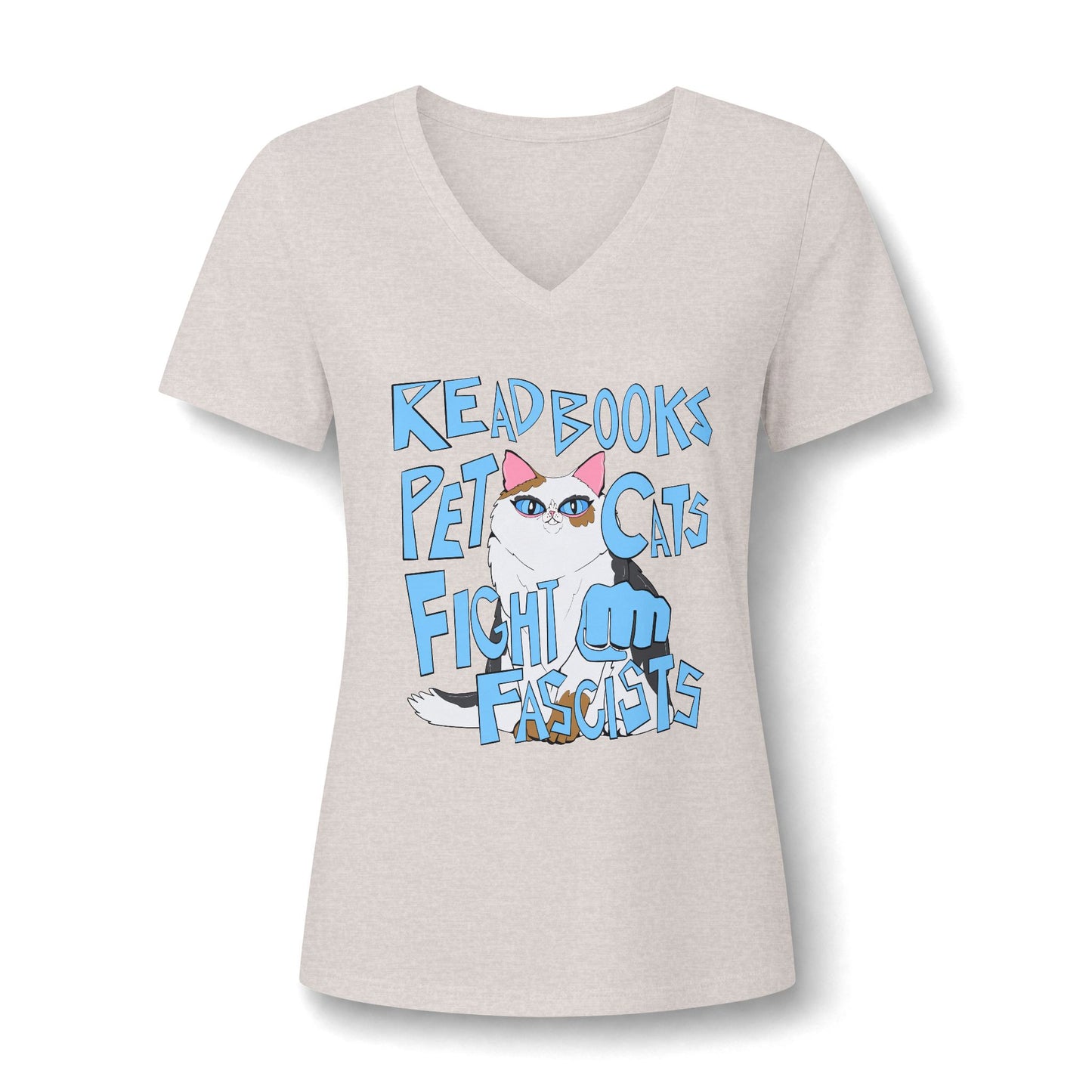 Read Books Pet Cats Fight Fascists Cat - Women's Relaxed Heather V-Neck Tee