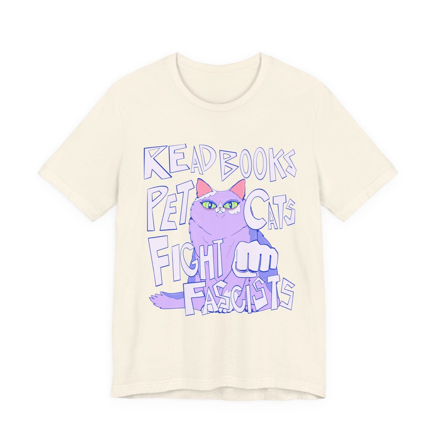 Read Books Pet Cats Fight Fascists Purple Cat Tee Unisex Jersey Short Sleeve Tee