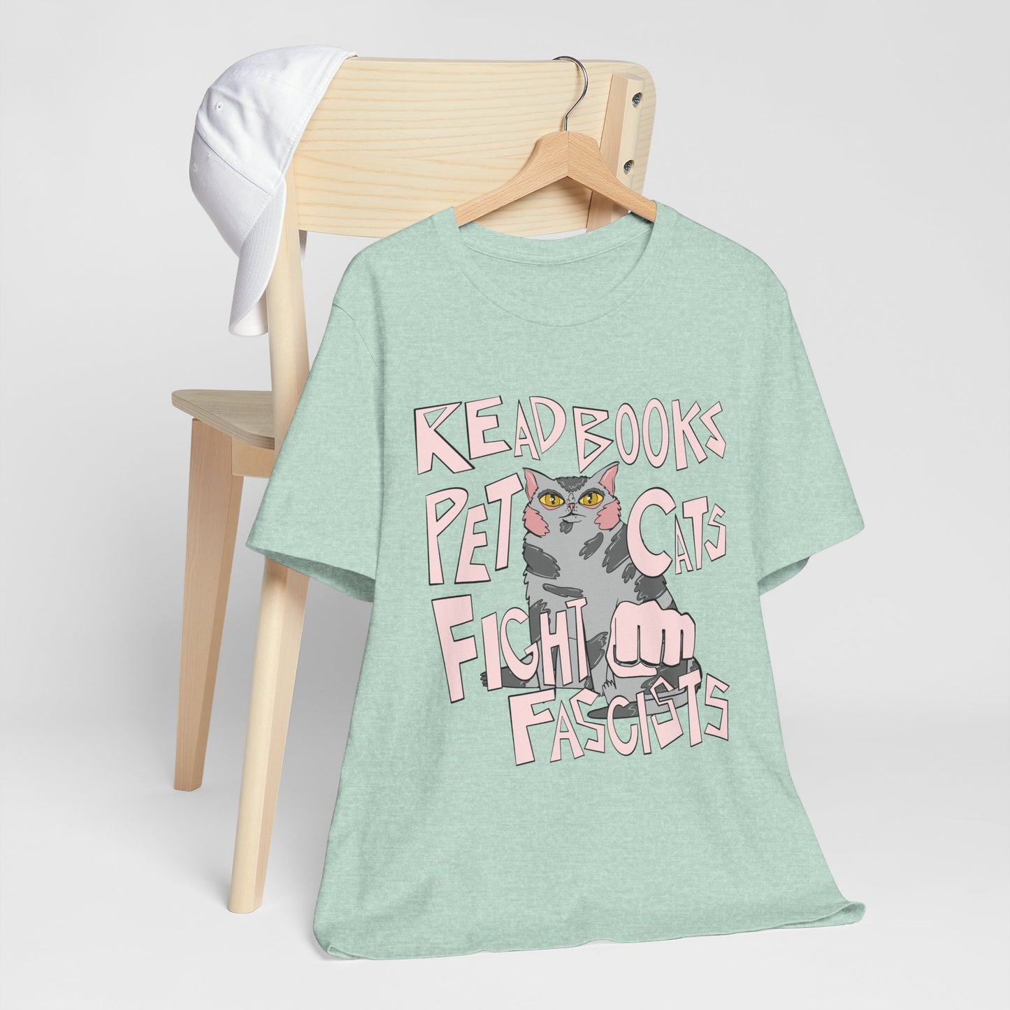 Read Books Pet Cats Fight Fascists- Grey Tabby Cat Unisex Jersey Short Sleeve Tee