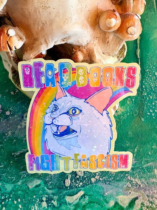 Handmade Sparkly Cat Sticker: Read Books, Fight Fascism