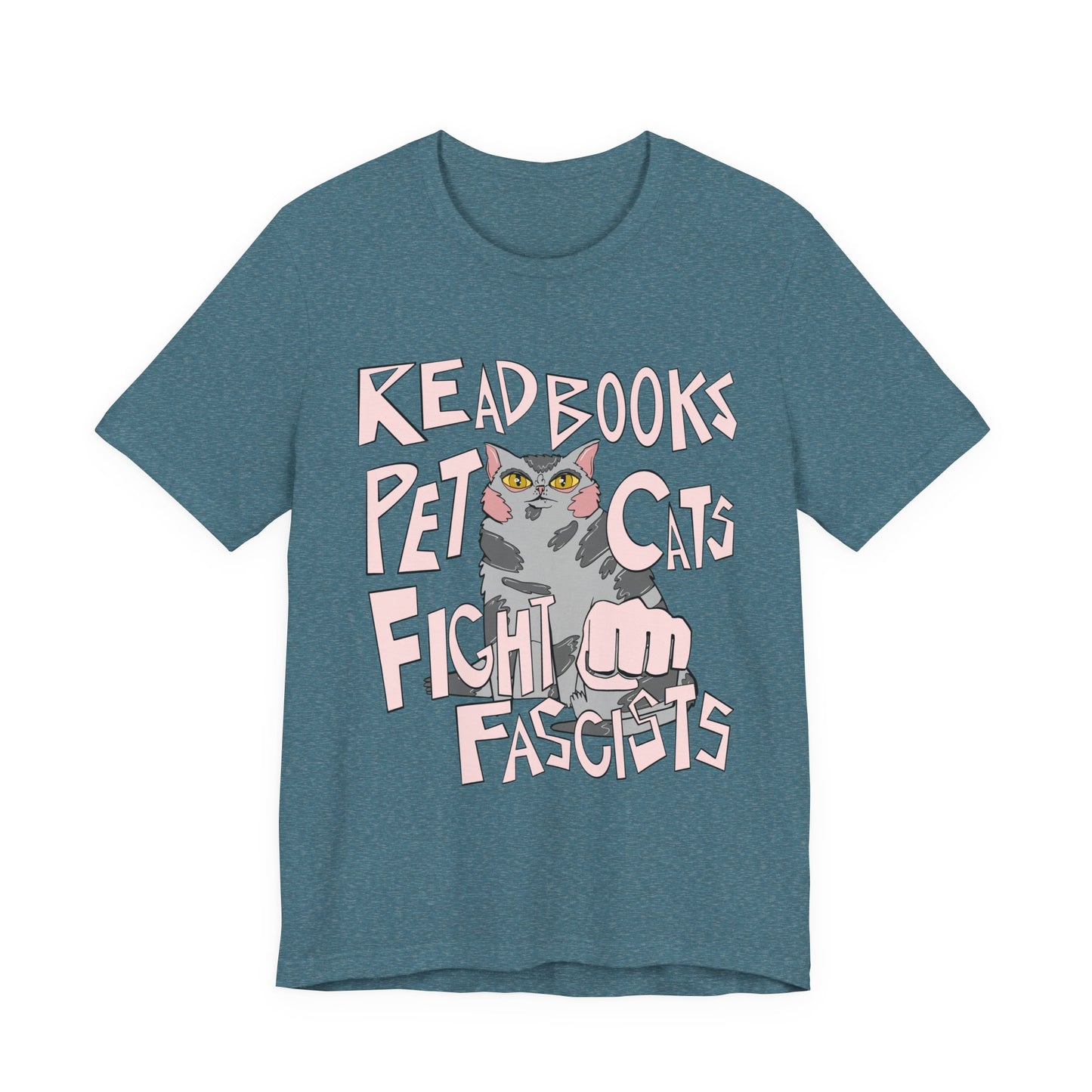 Read Books Pet Cats Fight Fascists- Grey Tabby Cat Unisex Jersey Short Sleeve Tee