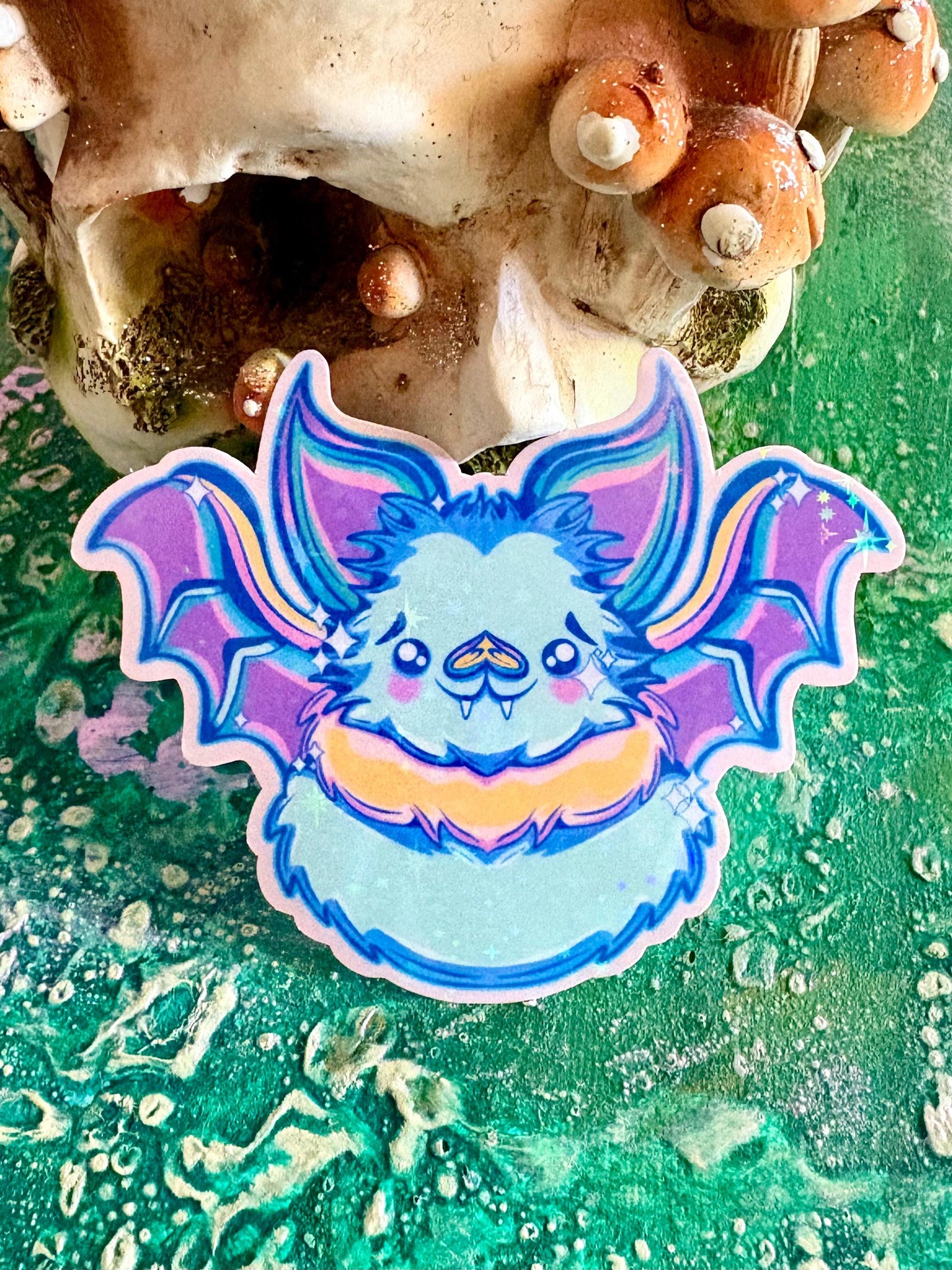 Hand Drawn Lisa Frankie Light Blue Bat Sticker: Handmade Sparkly Rainbow Halloween Sticker | Hollie Day Artist