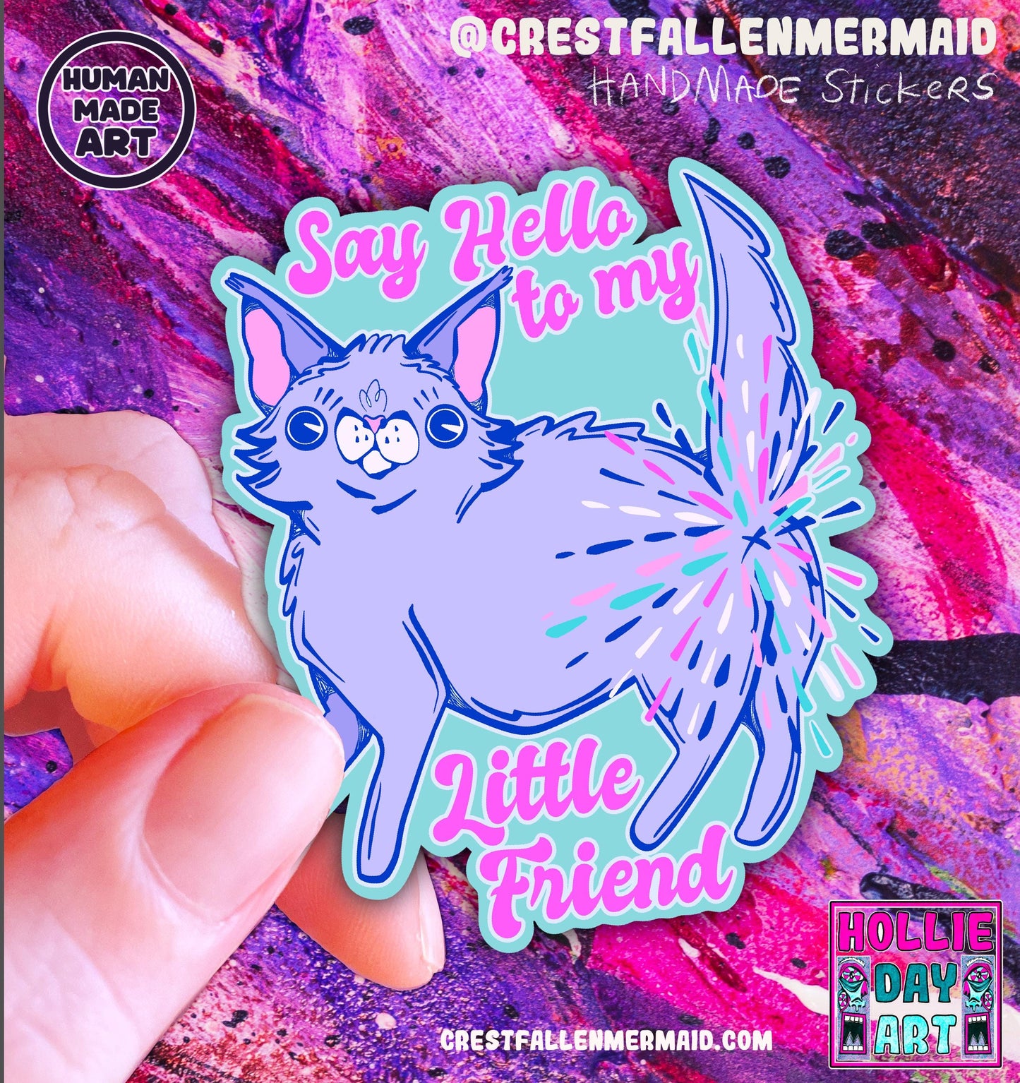 Hand Drawn Sparkly Cat Sticker: Say Hello To My Little Friend Vinyl Decal (handmade)