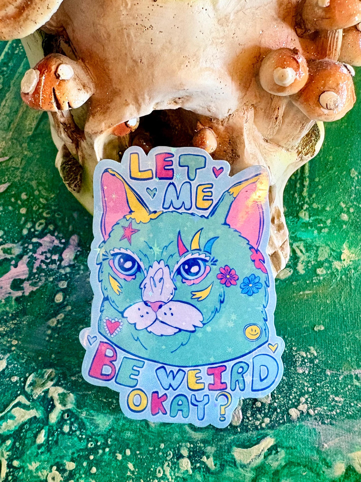Hand Drawn Sparkly Cat Sticker: Handmade Holographic Cat Decal - let me weird okay