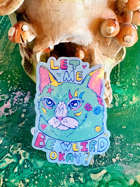 Hand Drawn Sparkly Cat Sticker: Handmade Holographic Cat Decal - let me weird okay