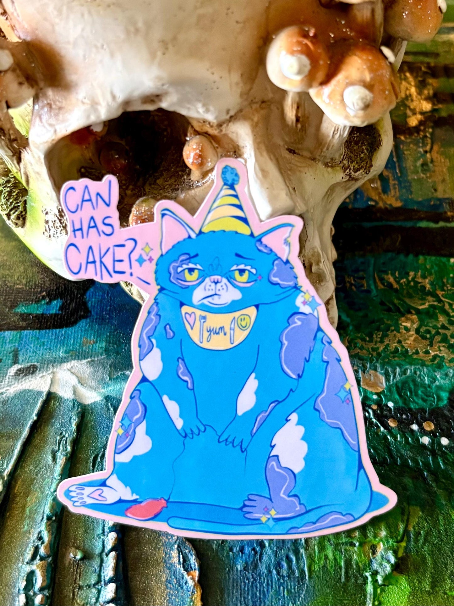 Handmade Whimsical Cat  Sticker - Can Has Cake? (Glossy)