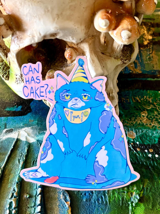 Handmade Whimsical Cat  Sticker - Can Has Cake? (Glossy)