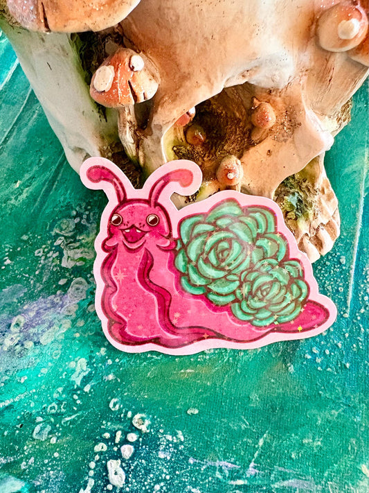 Handmade Sparkly Succulent Snail Sticker | Pink Snail Sticker | Holographic Vinyl Sticker