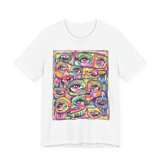 Colorful Chaos of Expressive Faces Unisex Jersey Short Sleeve Tee