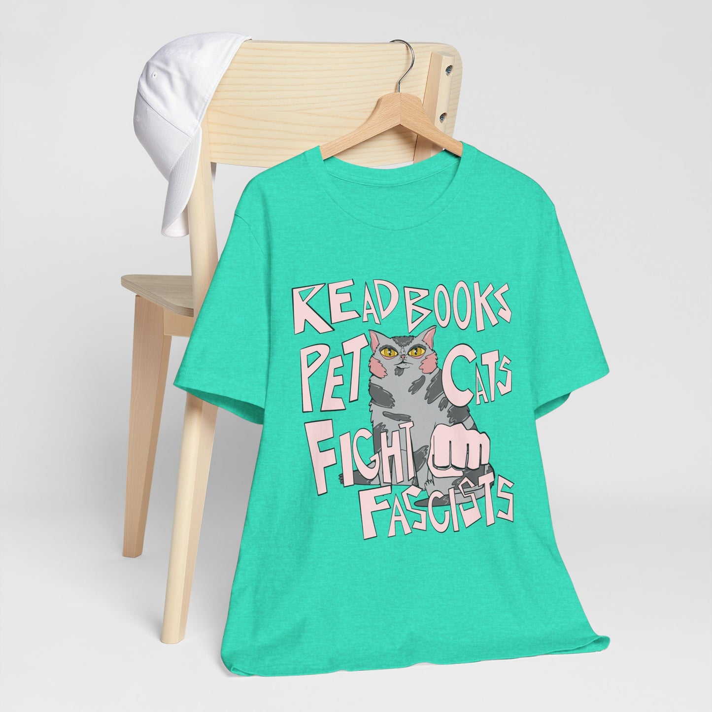 Read Books Pet Cats Fight Fascists- Grey Tabby Cat Unisex Jersey Short Sleeve Tee