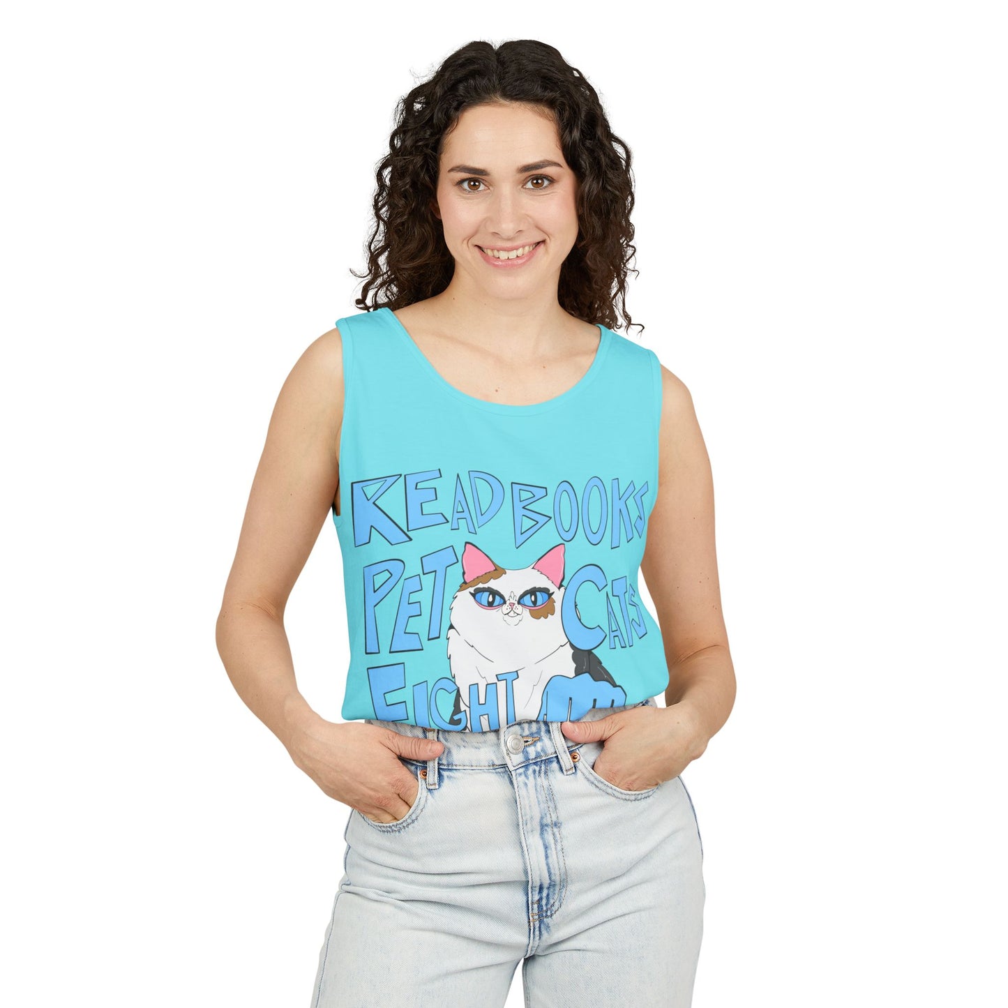 Read Books Pet Cats Fight Fascists Cat Art - Unisex Garment-Dyed Tank Top