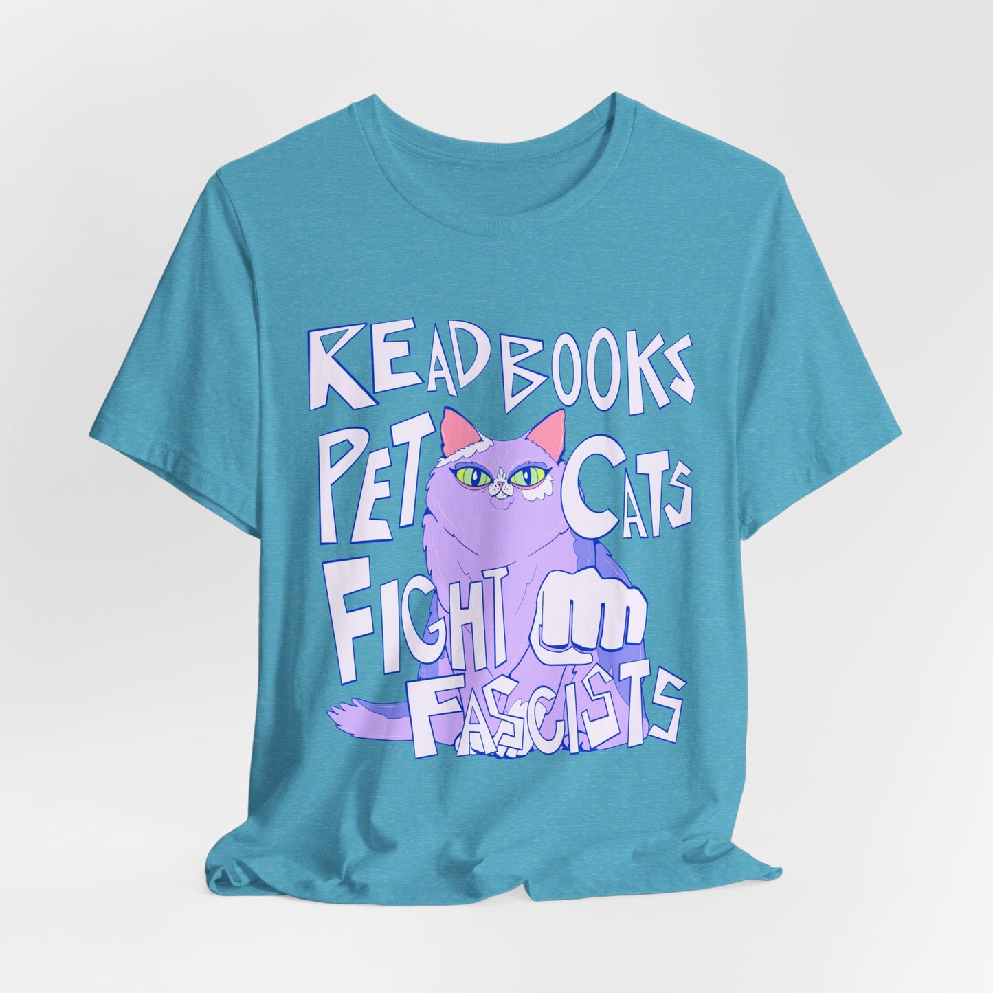 Read Books Pet Cats Fight Fascists Purple Cat Tee Unisex Jersey Short Sleeve Tee