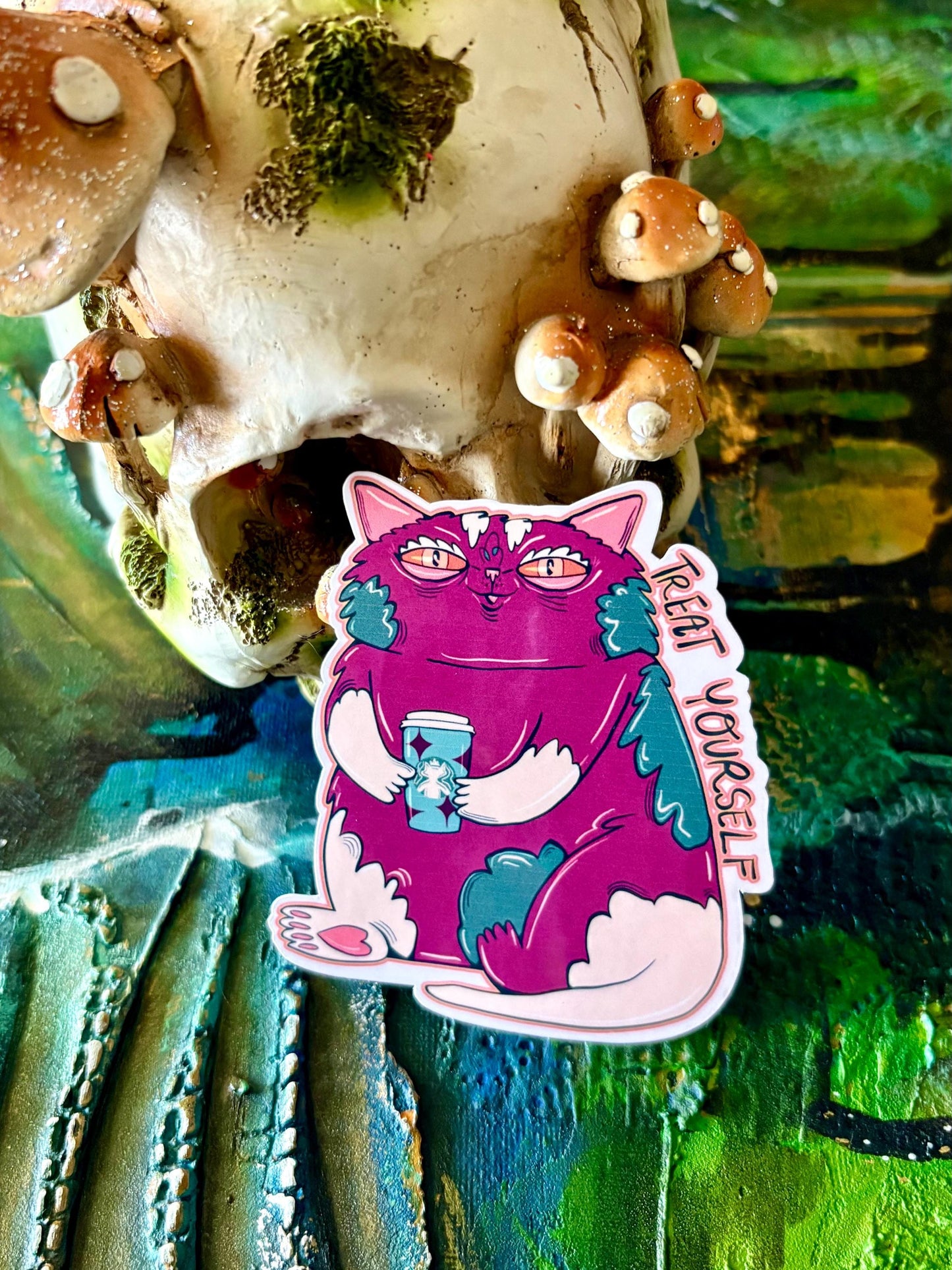 Handmade Glossy Cat  Sticker - Treat Yoself