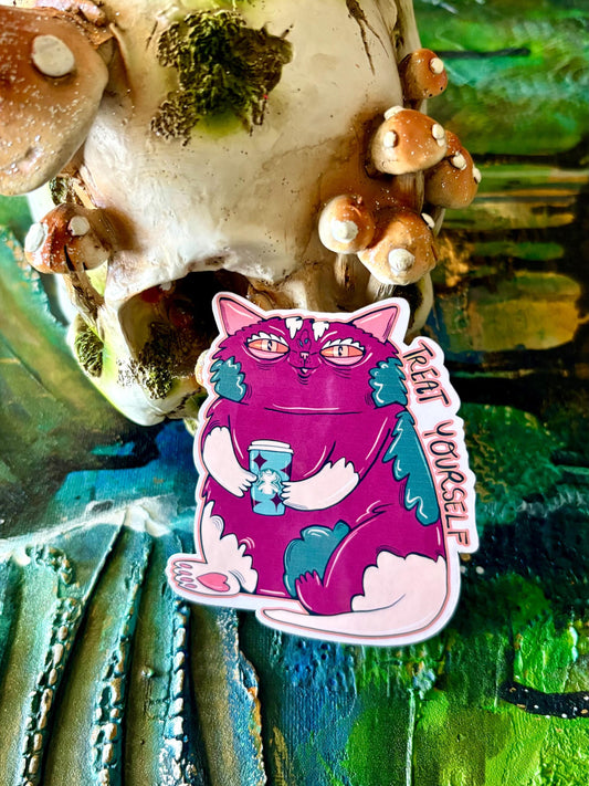 Handmade Glossy Cat  Sticker - Treat Yoself