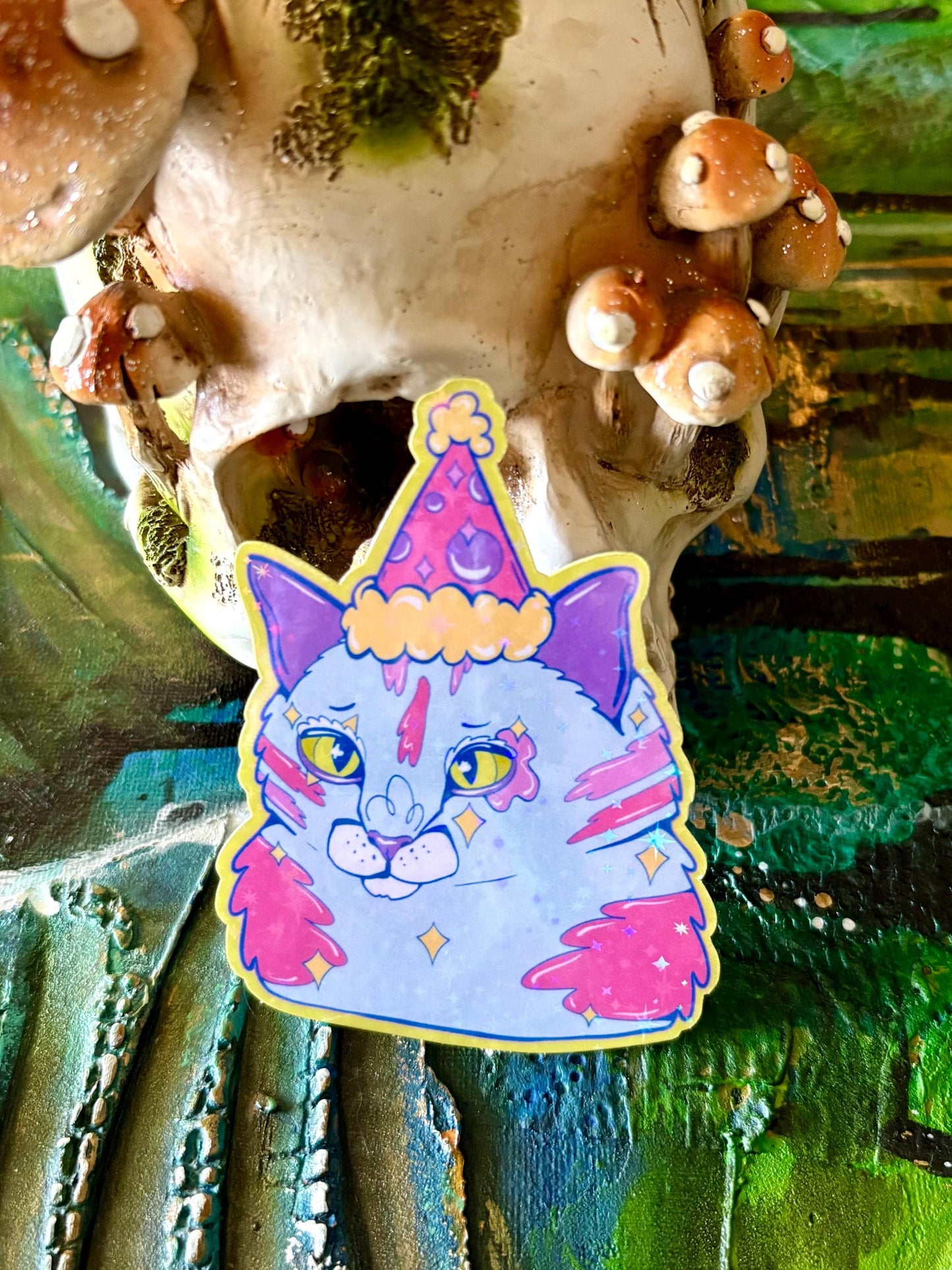 Hand Drawn Cat Clown Sticker – Whimsical Animal Art, Holographic Laminate