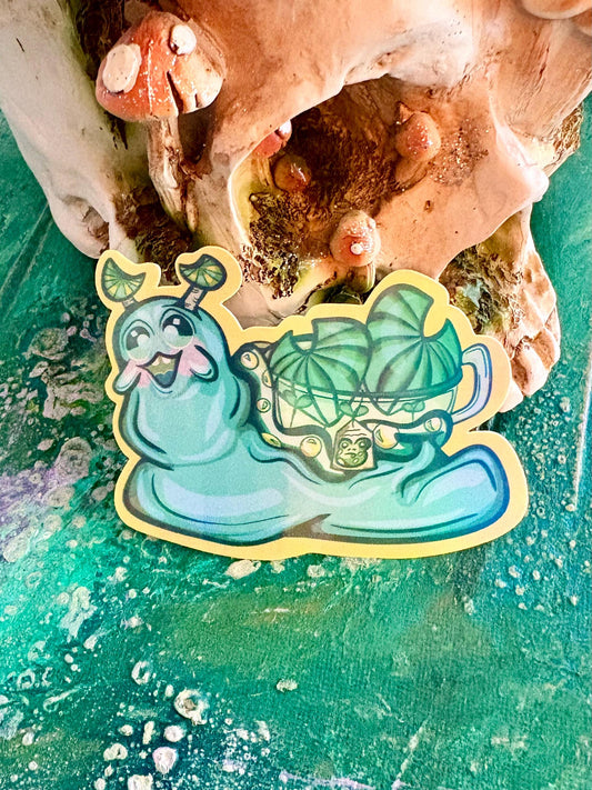 Whimsical Froggy Tea Snail Sticker: Holographic Vinyl - Hollie Day Art