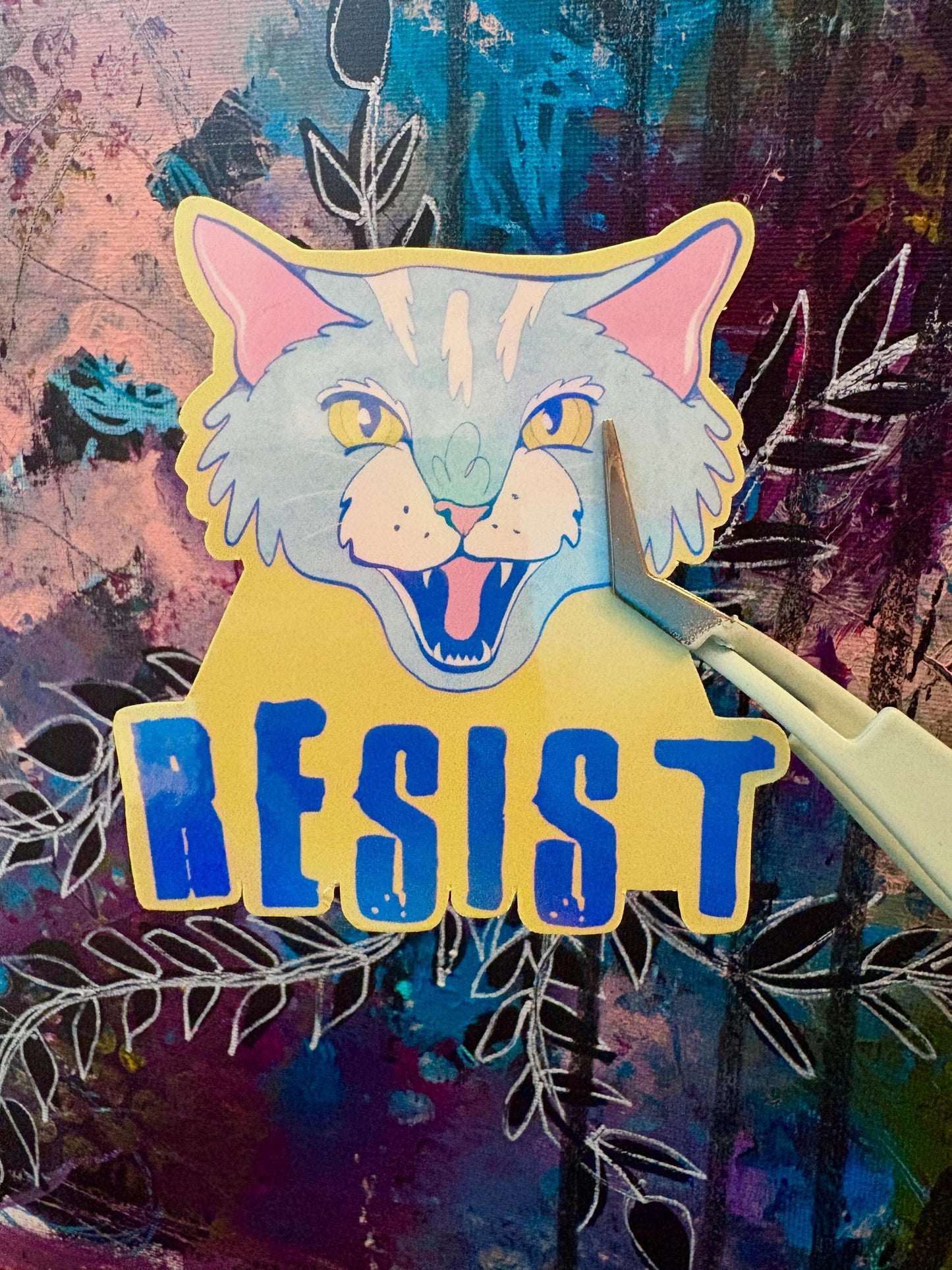 Handmade Resist Cat Sticker (holographic)