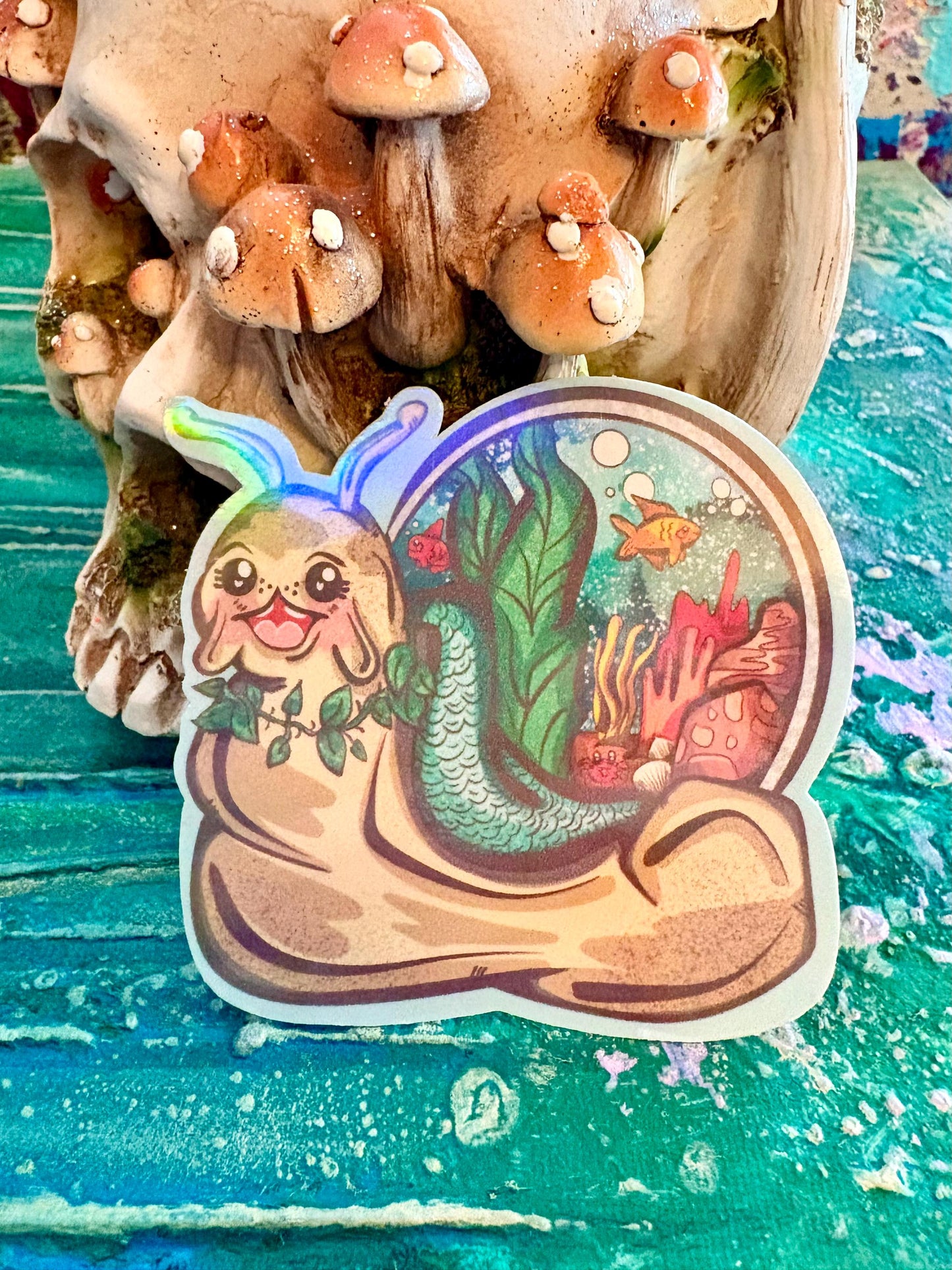 Handmade Whimsical Mermaid Snail Sticker: Hand-Drawn Holographic Snail Stickers