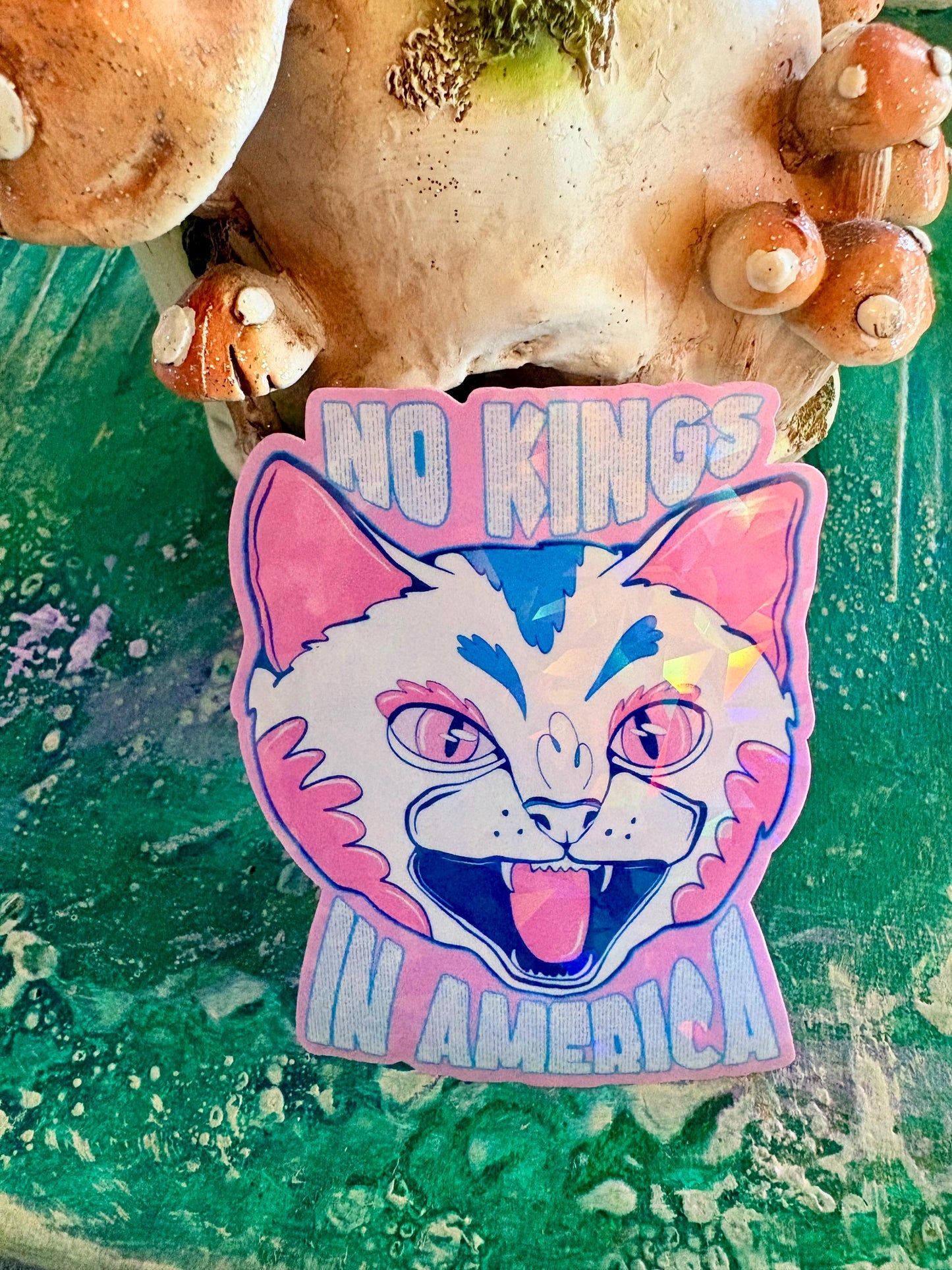 Handmade Cat Sticker: Holographic No Kings America Political Decal (Water Resistant)